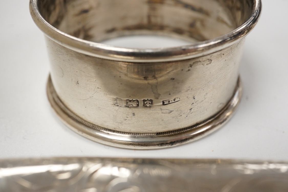 An early Victorian engraved silver plate, of cusped form, by Riley & Storer, London, 1844, with later engraved inscription, 17.5cm, together with two later silver cigarette cases, three silver condiments, a late Victoria